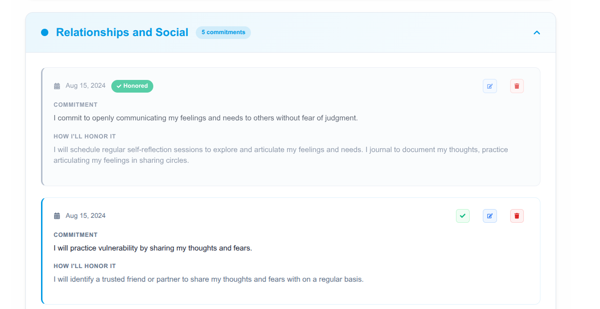 Values dashboard showing goal-to-value connections and personal values exploration