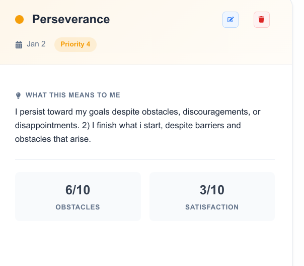 Quarterly planning interface showing values exploration and goal setting
