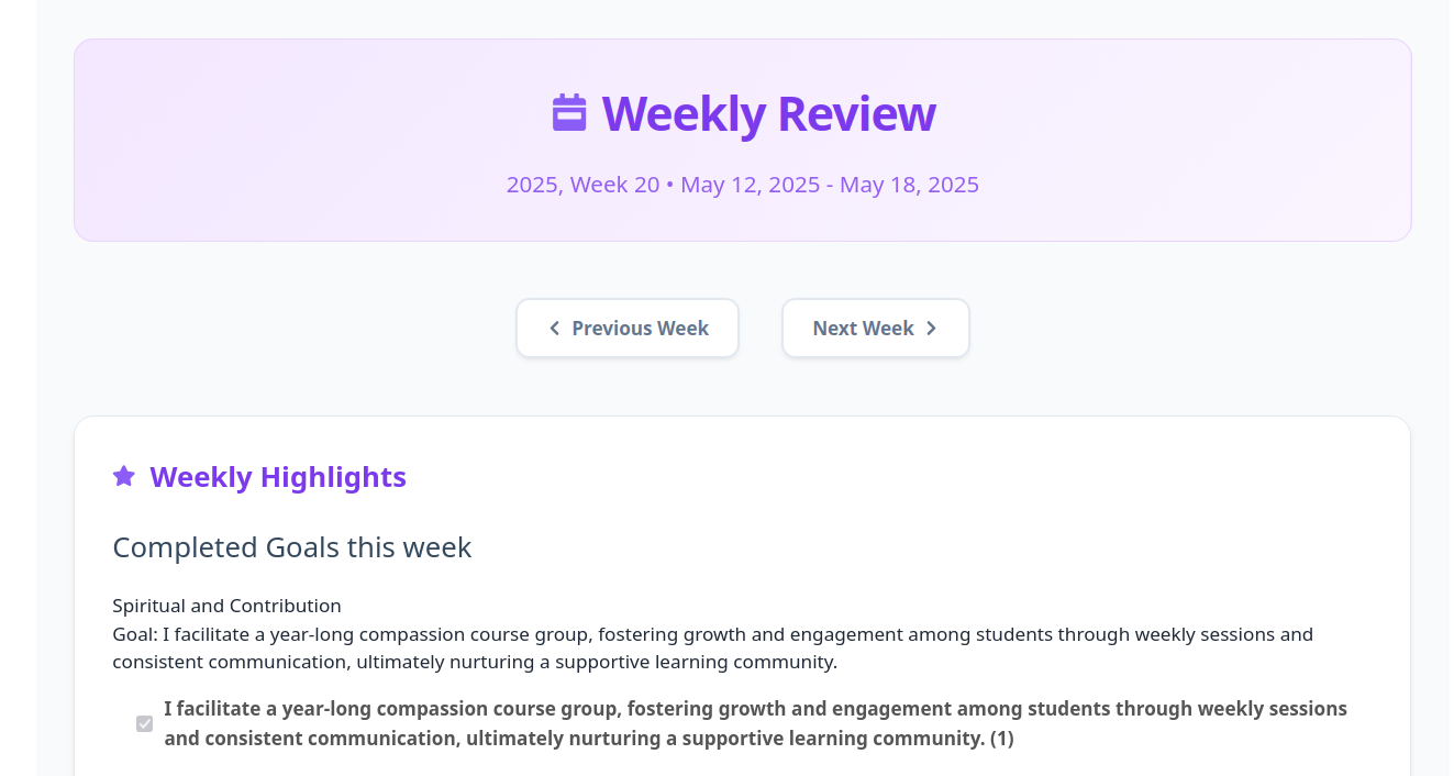 Progress tracking dashboard showing gentle metrics and goal completion